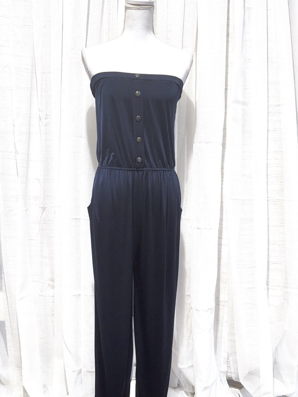 Strapless Navy Button-Front Jumpsuit with Elastic Waist